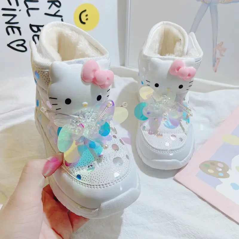 Girl Cotton Boots Sanrio Winter Keep Warm Child Boots Hello Kitty Thicken Water Proof Anti Slip Kawaii New Cartoon Cotton Shoes