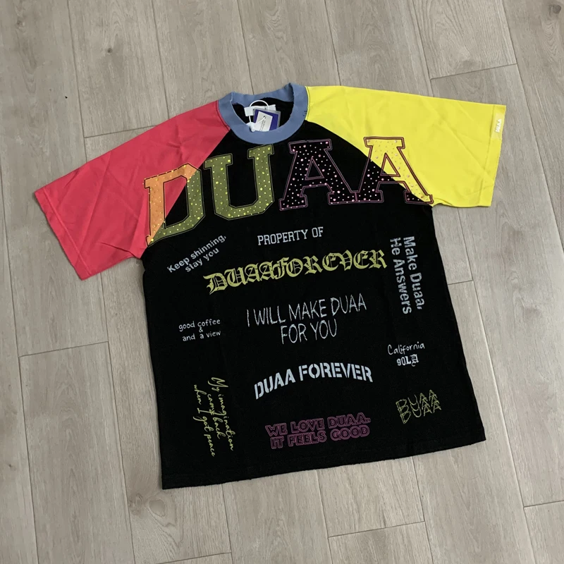 American Fashion Brand Duaa Short Sleeved Tops High-quality Hot Stamping Diamond Splicing Round Neck DUAA T-shirt