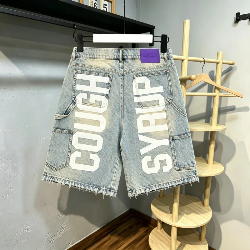 Men Women Short Jeans Washed Rhinestone American Retro Cough Syrup Denim Shorts Loose Hip Hop Streetwear