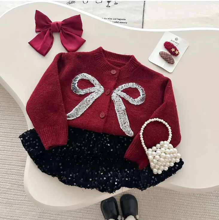 

New Baby Girls Winter Sets, Knitting Cardigan + Sequined Skirts , Princess Sweet Suits 2-7T