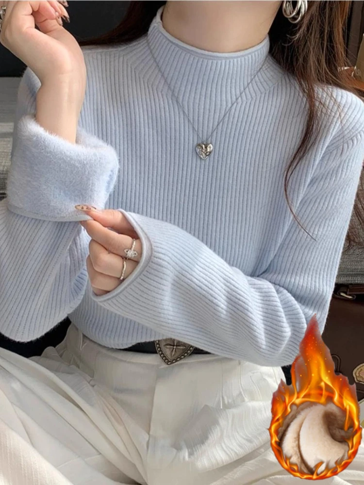 المرأة الدافئة محبوك قاع البلوز ضئيلة الكورية نمط بسيط قاعدة طبقة البلوز قطعة واحدة المخملية الياقة المدورة رشاقته سترة