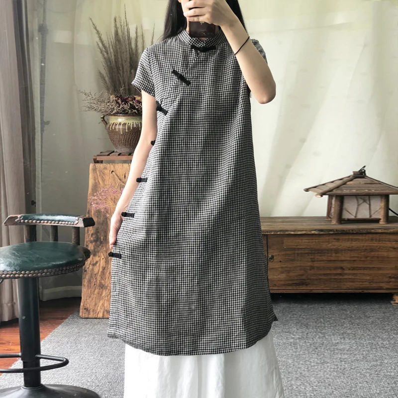 

Белое льняное белое клетчатое платье в стиле ретро, бавовняная ткань большого размера с боковым разрезом, повседневная одежда
