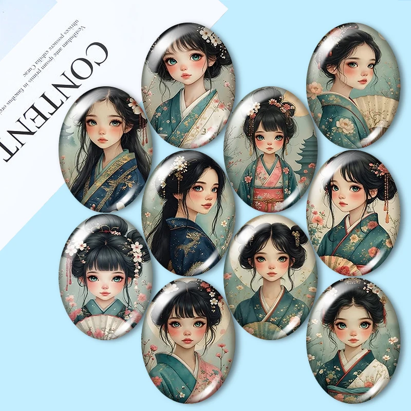 Watercolor Japanese Girl   10pcs mixed 13x18mm/18x25mm/30x40mm Oval photo glass cabochon demo flat back Making findings