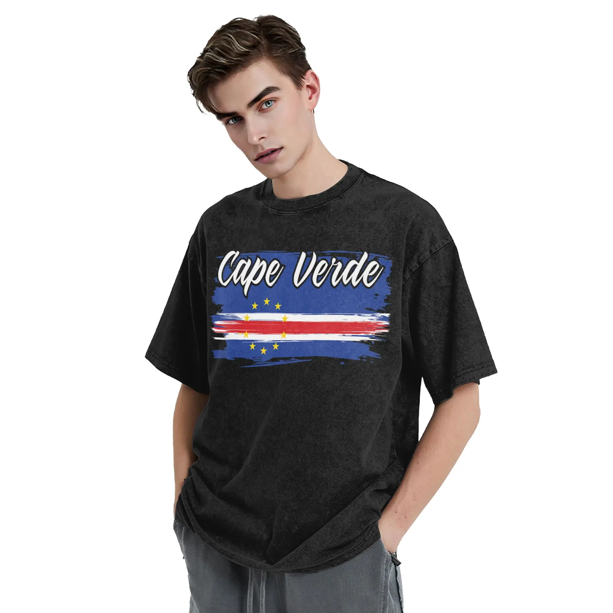 Cape Verde Flag Cabo Verde Washed T Shirt Streetwear  Novelty T-Shirt  Tee Shirt Men Women 100% Cotton Harajuku Summer