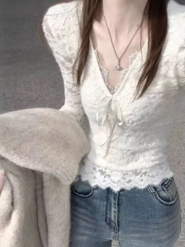 

Autumn Winter New Style Women's Lace Base Shirt Faux Fur Inner Wear Short Sleeve V Neck Knot Unique Beautiful Top