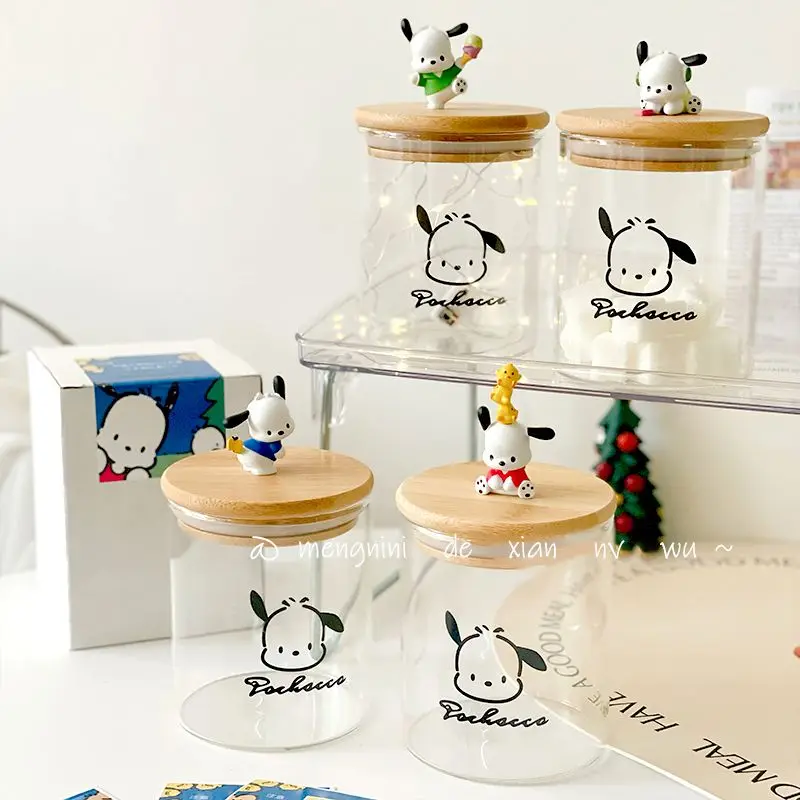 Sanrio Food Glass Jar Anime Pochacco Candy Cookies Airtight Storage Tank Cork with Cover Portable Storage Kitchen Food Cute