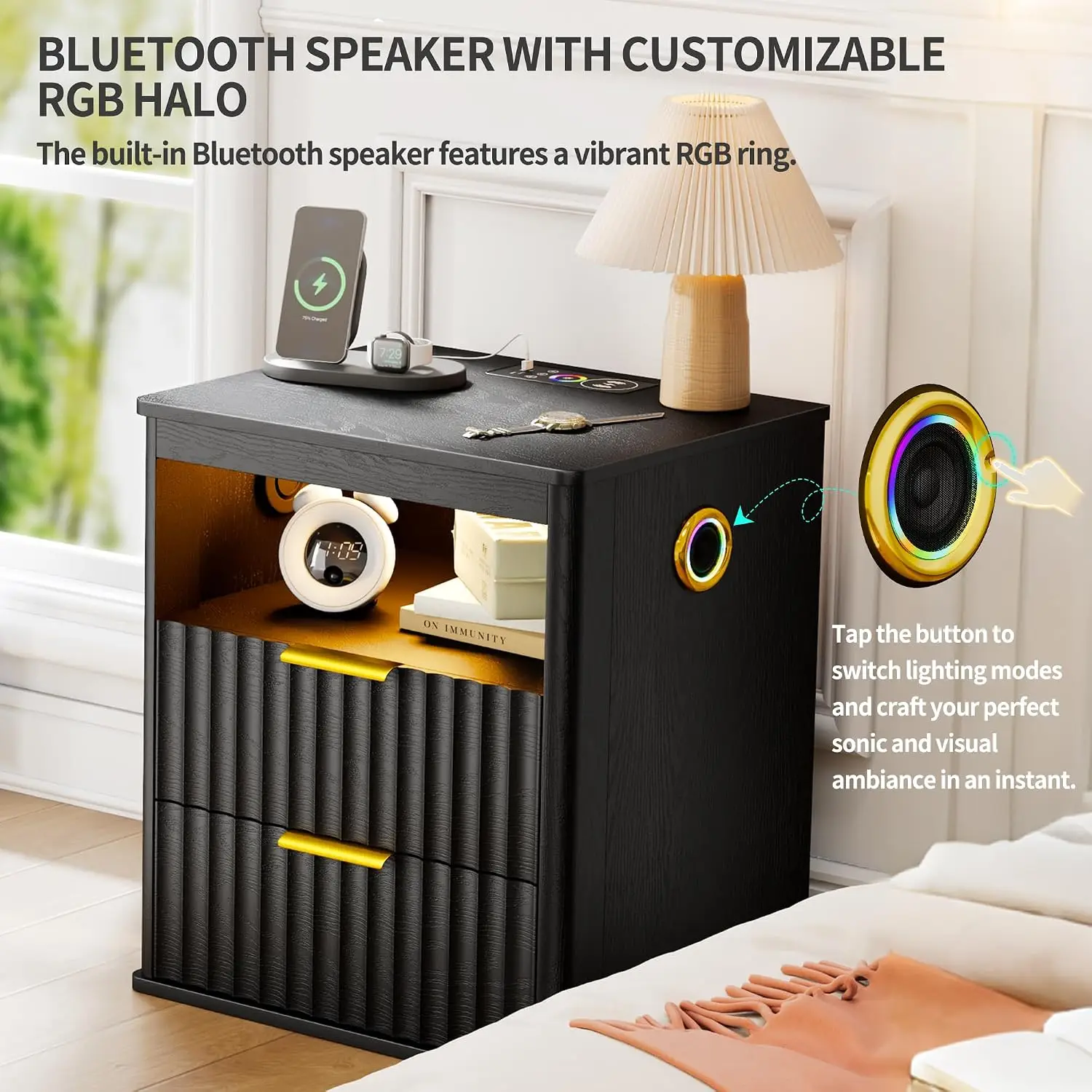 Fluted Nightstand Bluetooth Speaker Charging Station LED Motion Sensor RGB Light 2-Drawer Bedroom Black, Customized