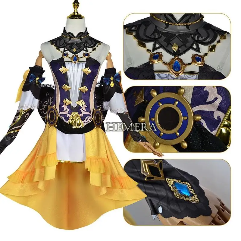 Genshin Impact Navia Cosplay Kostüm Perücke Hut Set Frauen Kleid Uniform Halloween Party für Mädchen Hut Ohrringe