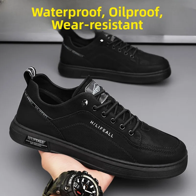 Men's Work Shoes Autumn Office Anti-Slip Wear-Resistant Chef Leather Casual Sports Flat Shoes Black Labor Protection Trendy S...