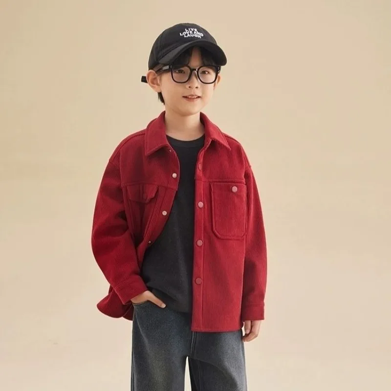 

Boy's Corduroy Shirt Jacket Winter New Fleece Lined Red Festival Stylish Topwear