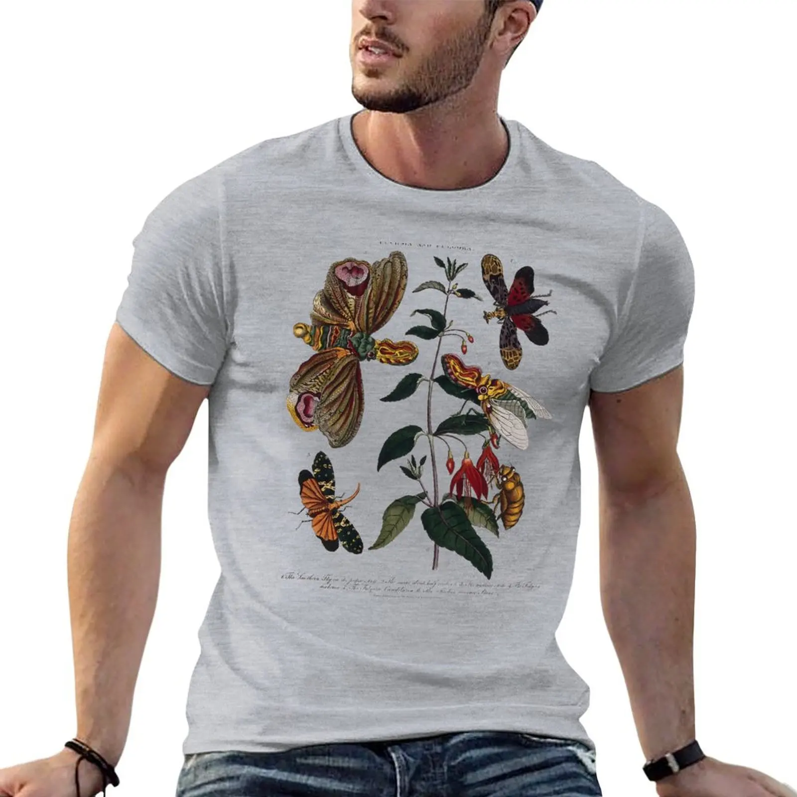 

Vintage Botanical Flowers and Insects Illustration T-shirt kawaii clothes customs sublime men workout shirt