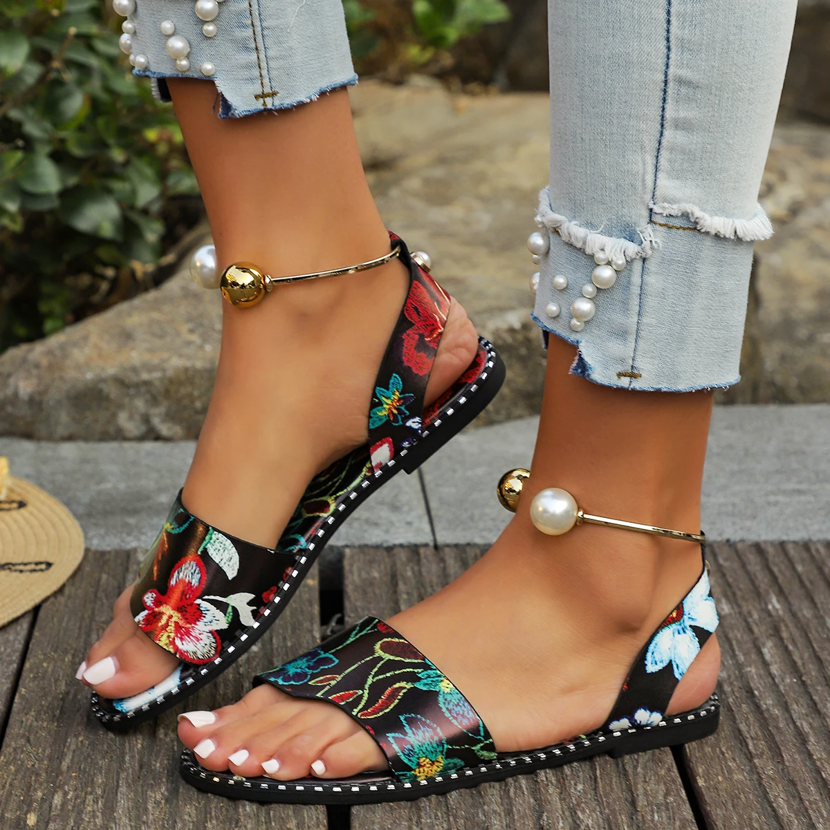 Women  Sandals New Summer Beaded Pearly Sandals Women Outdoor Flat Slippers Casual Slingback Shoes for Women Sandalias De Mujer