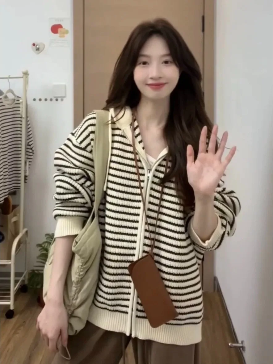 

Женский свободный кардиган-худи в полоску, мягкий и уютный вязаный свитер, длинный рукав, осенне-зимний повседневный стиль, корейский топ