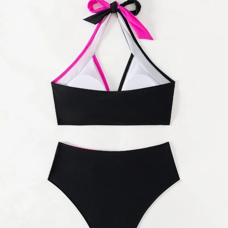 Maillot de bain 2 pièces pour femmes, Bikini européen et américain, couleur bloquée, col suspendu, taille haute, fendu