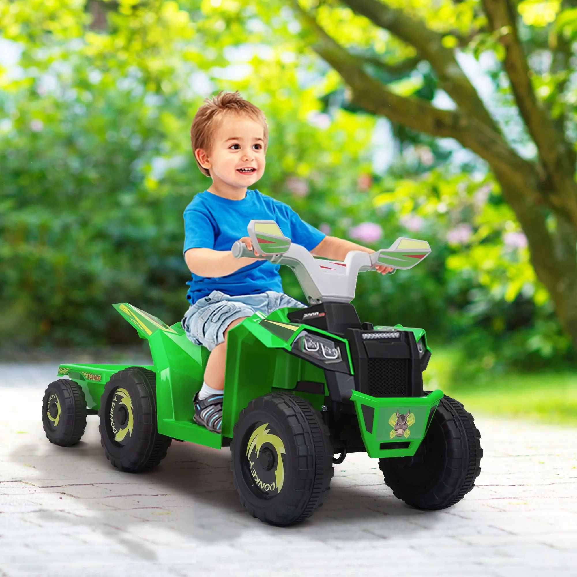 ATV elétrico infantil de 6 V, passeio de carro infantil com reboque, música, Bluetooth e display de energia para meninos e meninas, verde