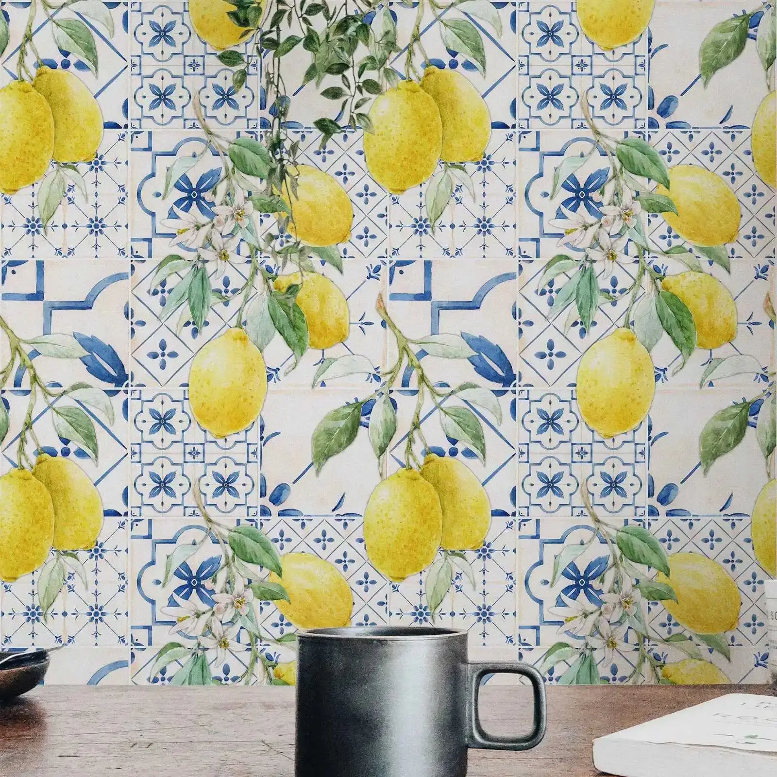 Watercolor Lemons Peel and Stick Wallpaper,Sicilian Tile Pattern Wall Mural For Home Decoration,Self-adhesive Or Tradition Paper