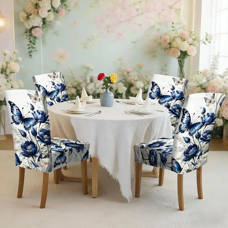 

Набор чехлов для обеденных стульев с плоским принтом и эластичной резинкой, сине-белый цветочный узор с бабочками, легко устанавливается, можно стирать, чехол для стула.