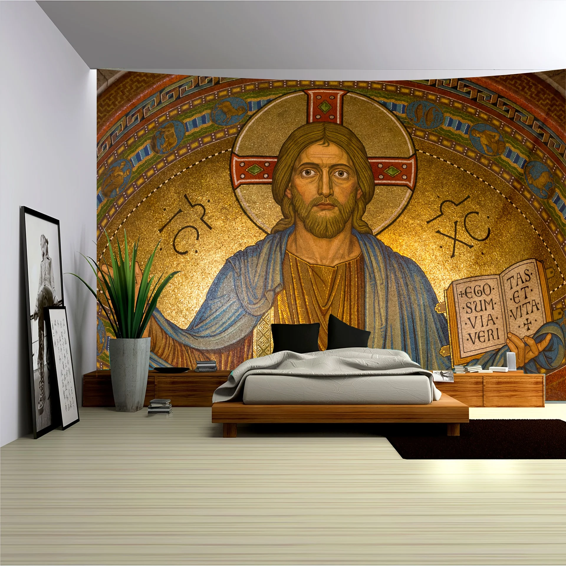 Byzantine Jesus Christ Tapestry, Mosaic Religious Art in Vibrant Colors, Velvet Fabric Wall Hanging for Sacred Space Home Decor