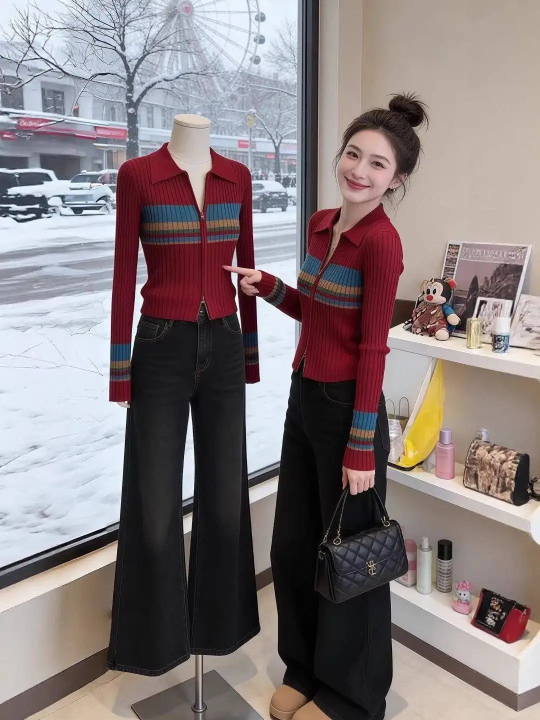 

Korean Style Striped Contrast Color Knitted Short Coat for Women Spring 2026 Slim Fit Turn-down Collar Open Cardigan