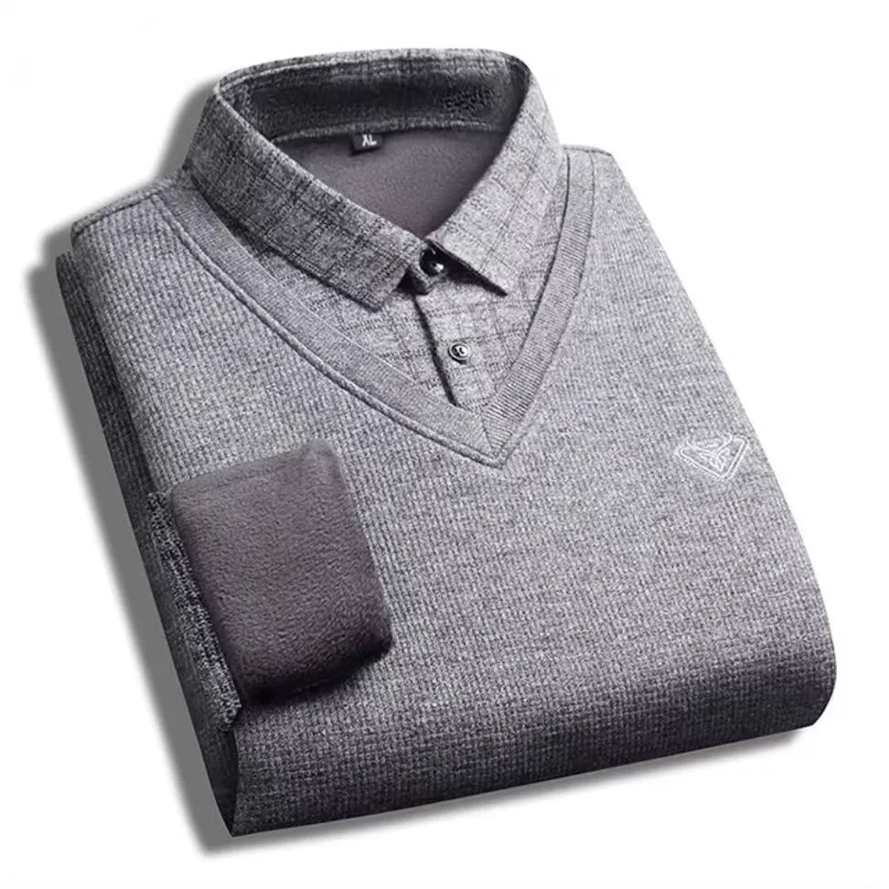 2026 Winter Fleece Thickened Men's Sweater High-Quality Fashionable Slim-Fitting Warm  Comfortable Casual Dad's Pullover Shirt