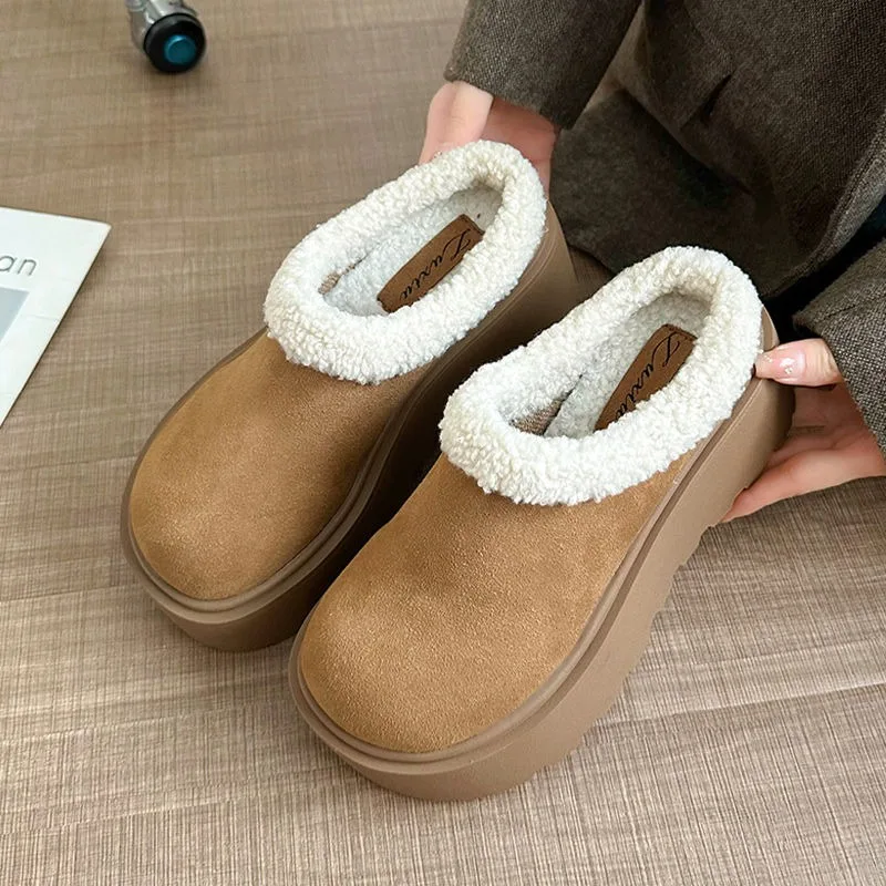 

Hot Selling Women Suede Platform Cotton Slippers Retro Height Increased Fur Slippers Casual Loafers Zapatos Mujer 2025 Tendencia