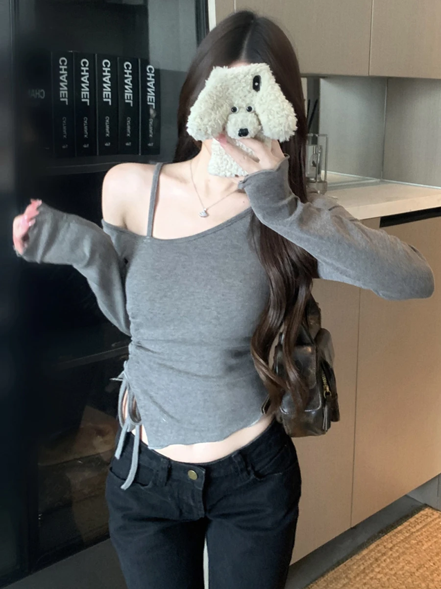 Sexy Asymmetric Shoulder Strap Long Sleeve T-Shirt Side Drawstring Slimming Design Pure Color Top for Young Women