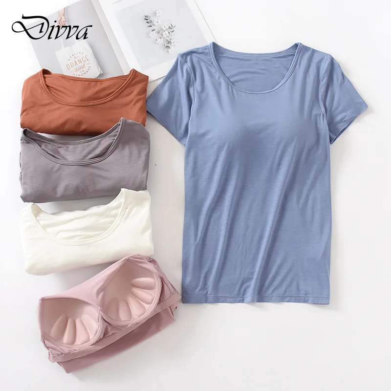 Sleep Tops Short sleeved T-shirt with Chest Pad Women Modal Cup One Piece Fitted Bottom Shirt Women\'s Top Round Neck No Wear Bra