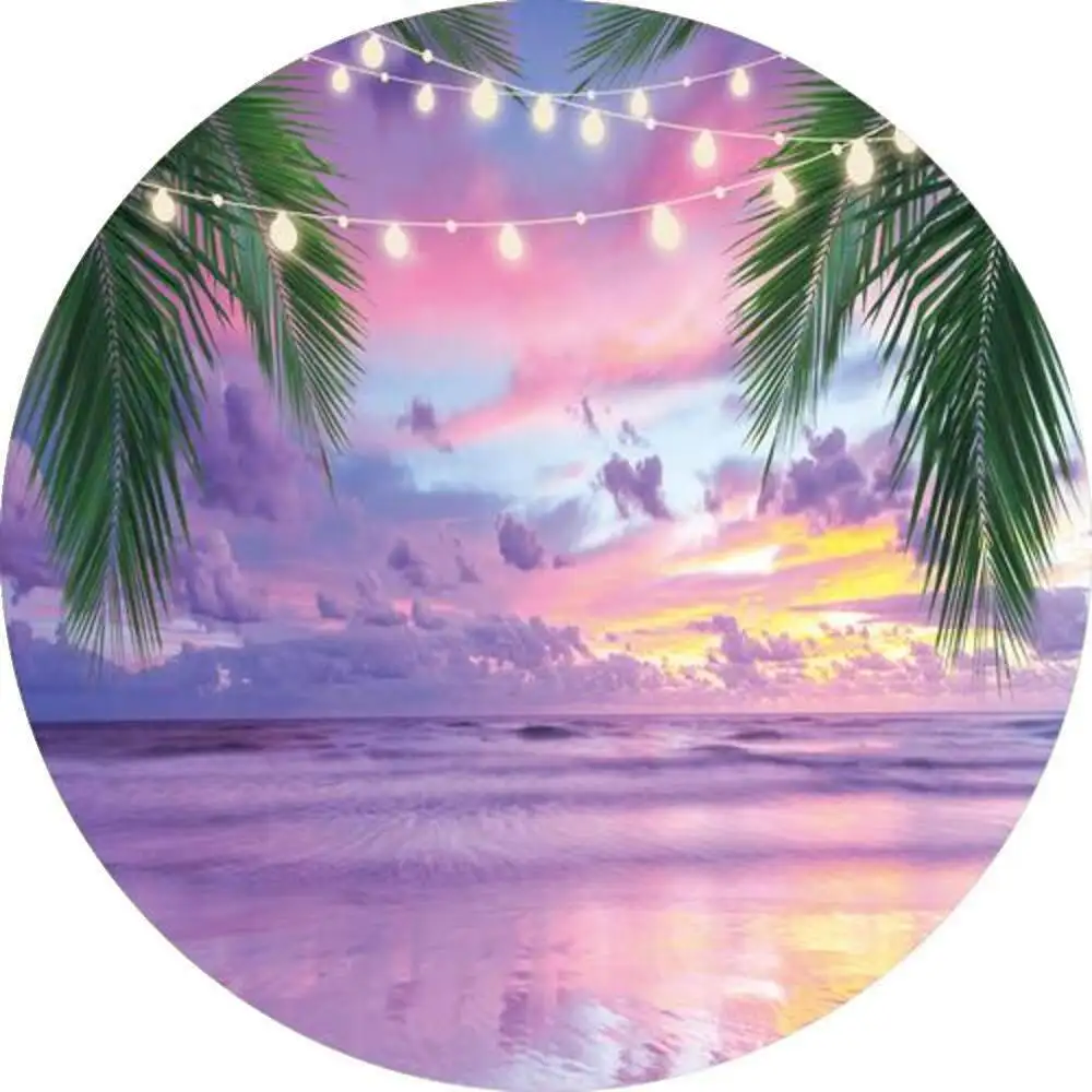 Allenjoy Summer Seaside Beach Background Wedding Party Clouds Round Tropical BBQ Circle Lights Birthday Photozone Backdrop