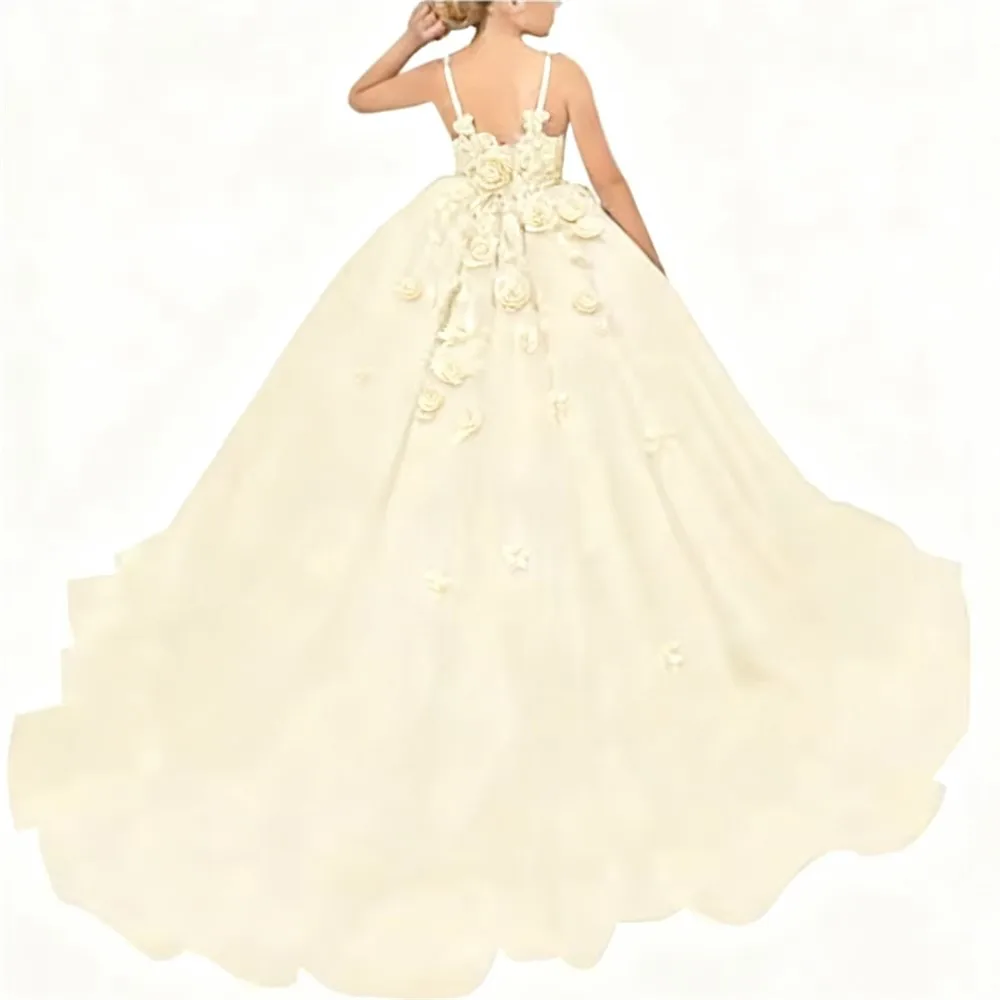 Abito da sposa per ragazza di fiore rosa di lusso senza maniche con applicazioni floreali gonfie per bambini per abito da ballo da principessa per comunione