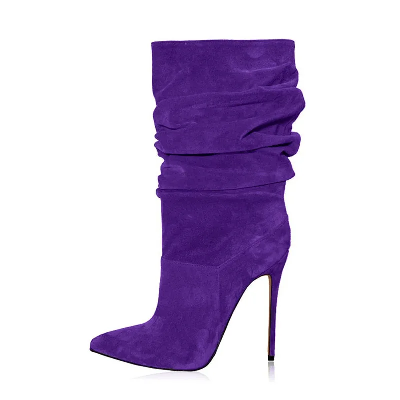 Arden Furtado Suede Pointed toe Sexy Super high heel Mid calf boots Pleated stiletto heels Modern boots large size Women's Boots