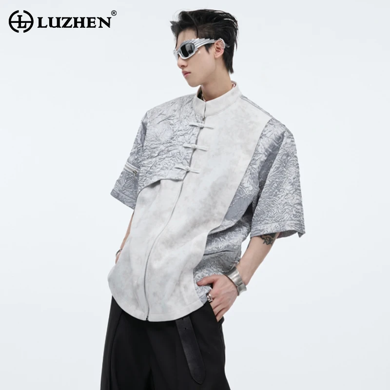 LUZHEN Zipper Splicing Design Personalized Trendy Short Sleeved T Shirts 2024 Stylish Street Wear High Quality Men's Tops LZ3983