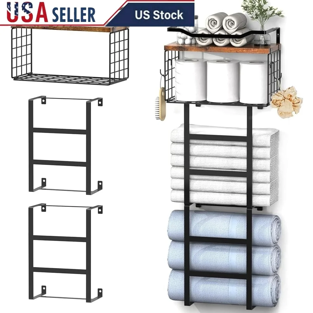 

Настенная вешалка для полотенец с двумя полками и проволочной корзиной для хранения в ванной комнате Прочный органайзер для полотенец и аксессуаров