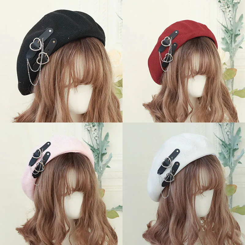 Beret lolita sweet girls hats Leather Metal Chain Heart women cool JK hat cute beret