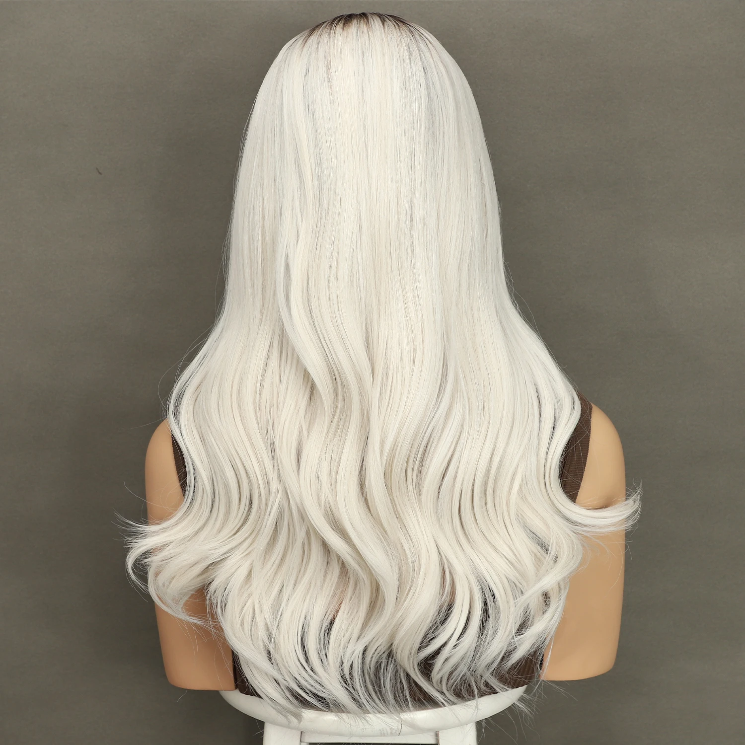 2024 13x4 Synthetic Lace Front Wig Ash White Dark Roots Transparent Lace Daily Wear Heat Safe Premium Synthetic Wig