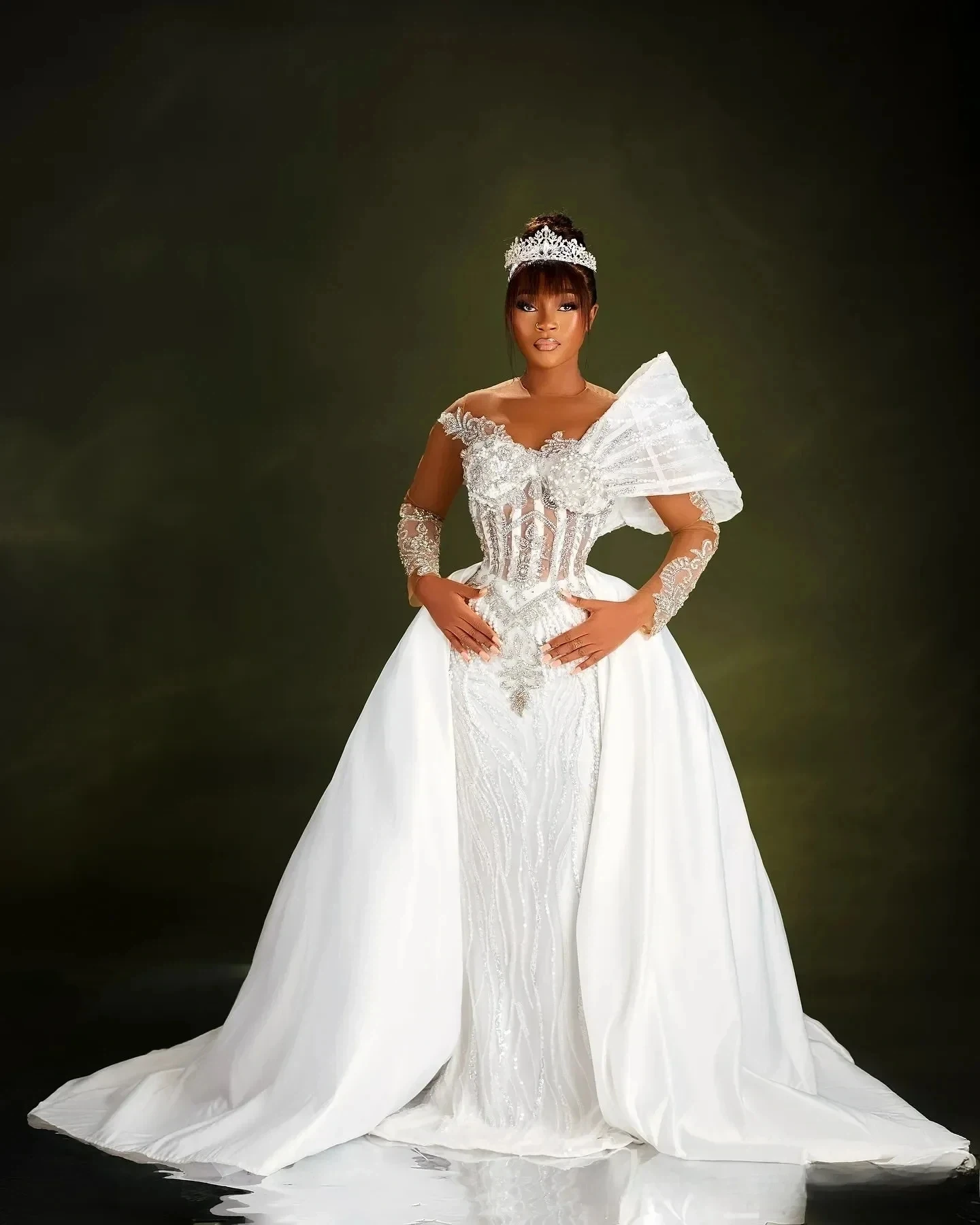 

Luxurious Mermaid Lace Beaded African Women's Wedding Dress Sexy Transparent Tie Detachable Skirt Ball Bridal Dress Customized