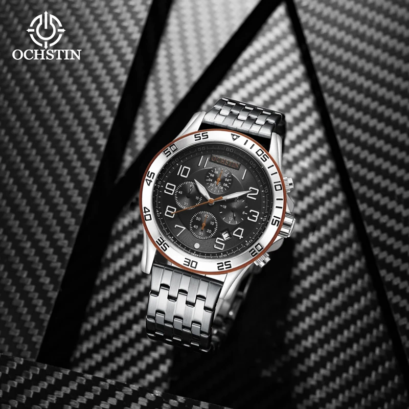 OCHSTIN Casual Aviation Male Quartz Watch Practical Multi-function Quartz Movement Stainless Steel Strap Waterproof Wrist