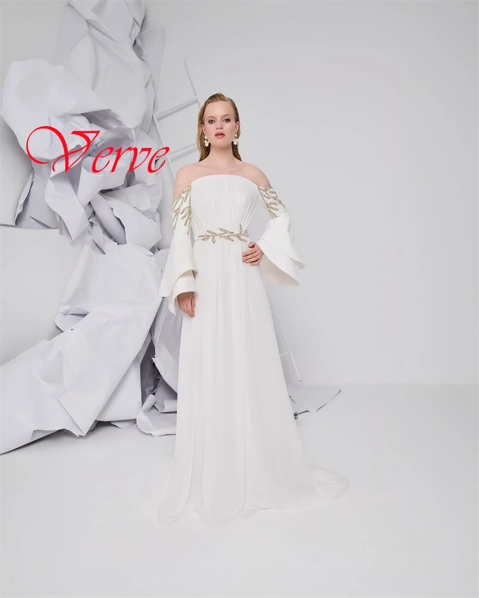 Customized Exquisite White Jersey Evening Dress Classic Strapless Off the Shoulder Long Sleeves Zipper Back Homecoming Dress