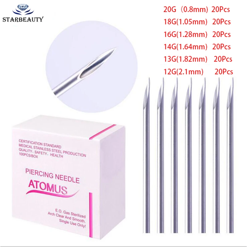 100Pcs Anti-allergic Surgical Steel Body Piercing Needles 12G-20G Sterile Disposable Body Piercing Needle For Ear Nose Navel Ear