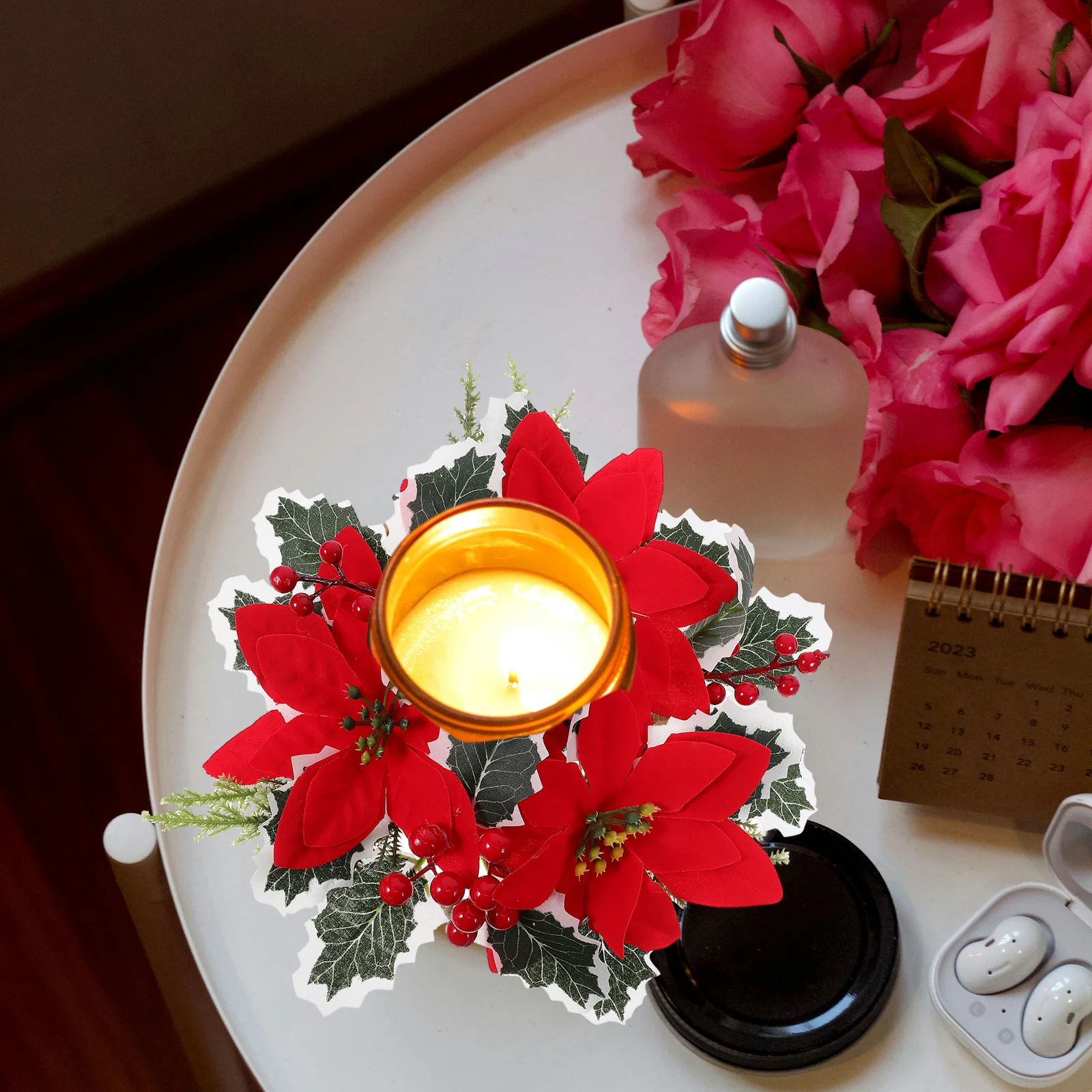 

1pcs Christmas Ring Red Poinsettia Mini Wreath For Home Decor Table Centerpiece Party Supplies Door Hanging Ornament Xmas