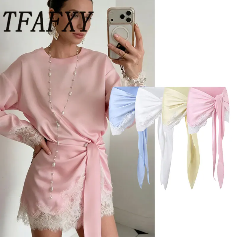 TFAFXY 2026 Summer New Lace Patchwork Satin Fart Curtain Slim Skirt Accessories Decor Apron Wrap Skirt