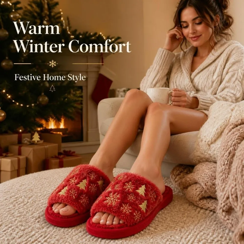 Open-Toe Christmas Tree Slippers Embroidered Non Slip Xmas Tree Furry Slippers Snowflake Plus Velvet Winter Warm Slippers