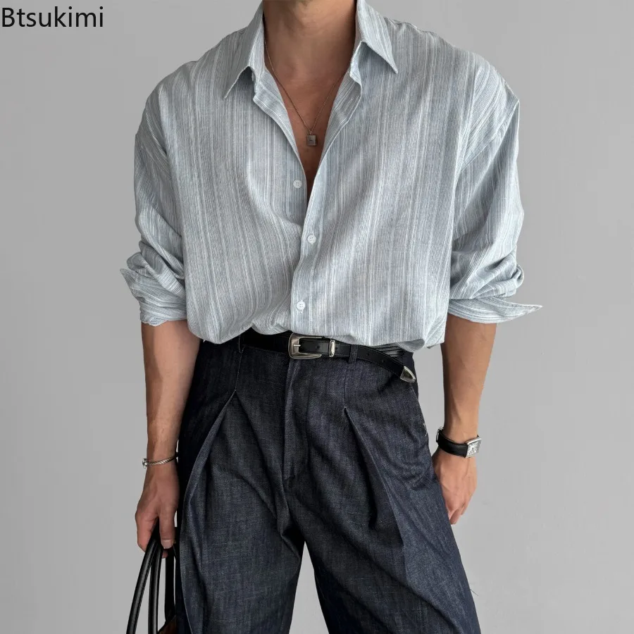 Men's Casual Shirts Spring Autumn Turn-down Collar Long Sleeve Striped Blouse Clothing Button Sunscreen Breathable Trend Shirts