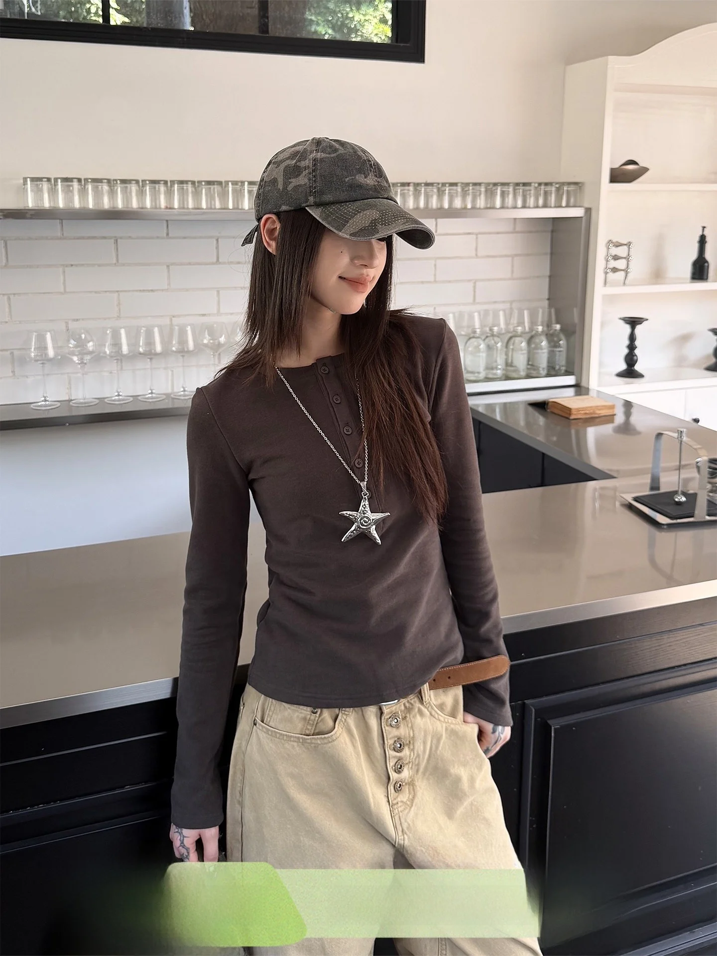 

Don Cry Original Henry Collar Long Sleeve T-Shirt Women's American Pure Color Basic Innerwear Outerwear Base Shirt Top