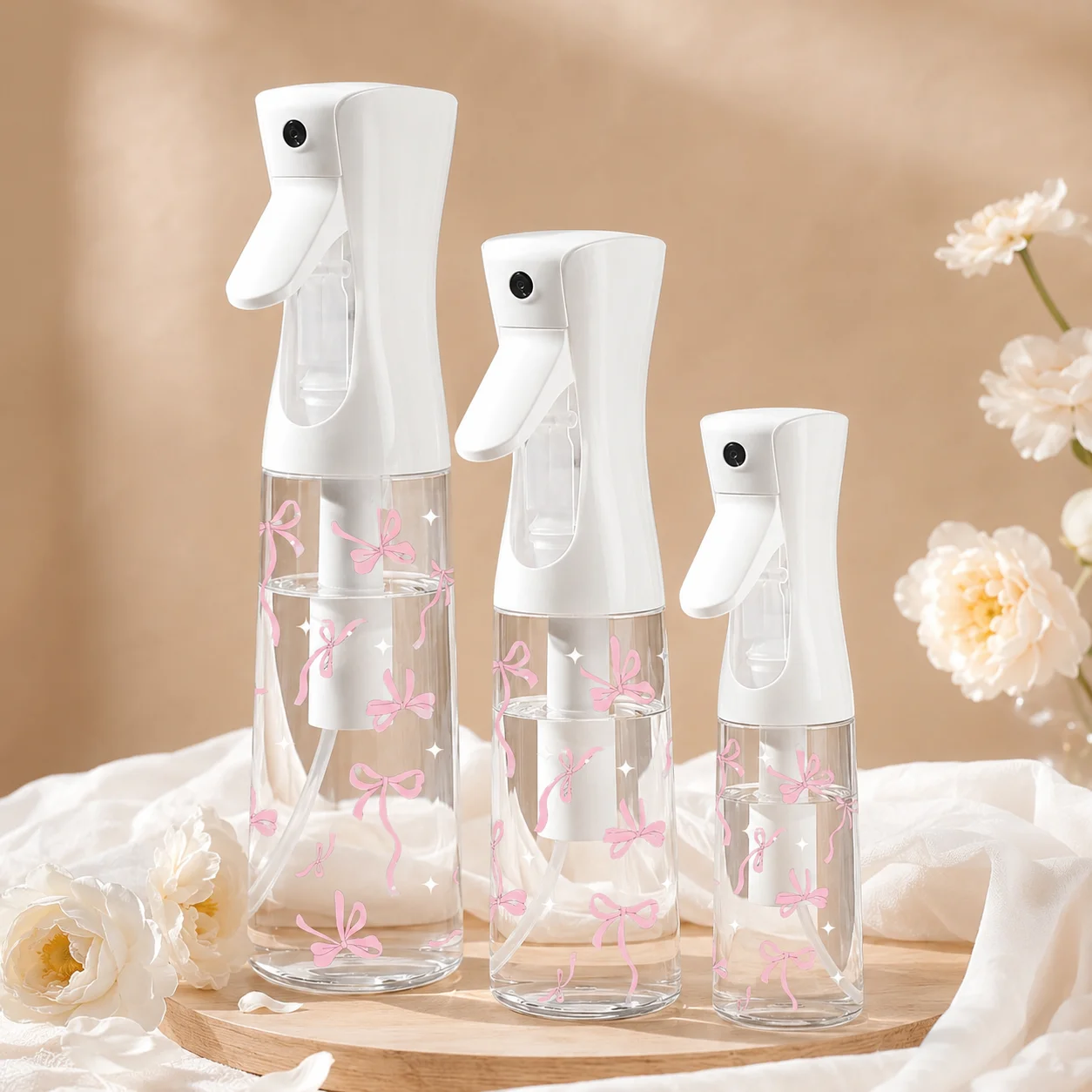 Bouteille pulvérisatrice à brume continue rose avec nœud, 200/300/500 ml, vaporisateur rechargeable à brume fine pour cheveux, plantes, beauté, nettoyage, voyage