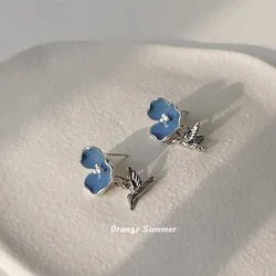 S925 Silver Needle Retro French Flower 2022 New Fashion Earrings Small Number Premium Earrings Female Blue Versatile Delicate