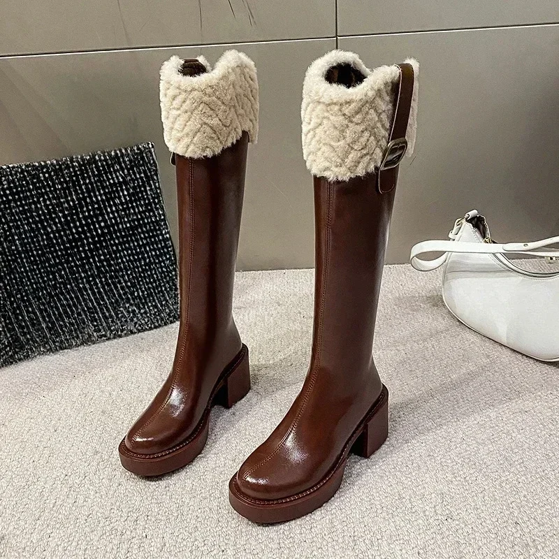 Women Knee High Chelsea Boots Keep Warm Boots for Women Fur Zipper Female Platform Boots Plush Edge Women Shoes New Botas Mujer