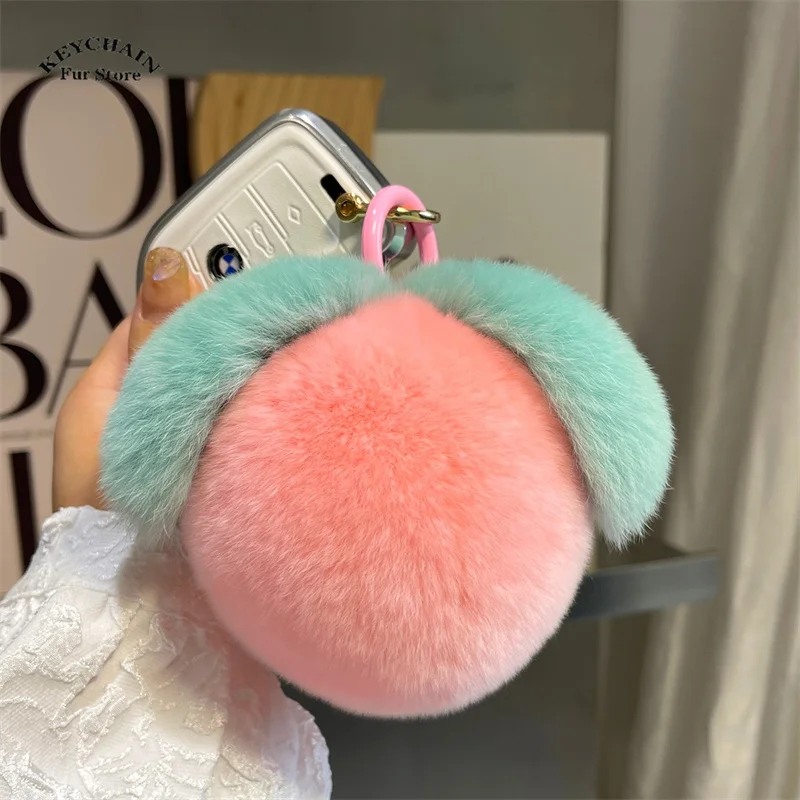 Cute Furry Peach portachiavi Charms per chiavi auto Fluffty peluche frutta portachiavi morbida pelliccia rosa pesca pendenti portachiavi ciondolo