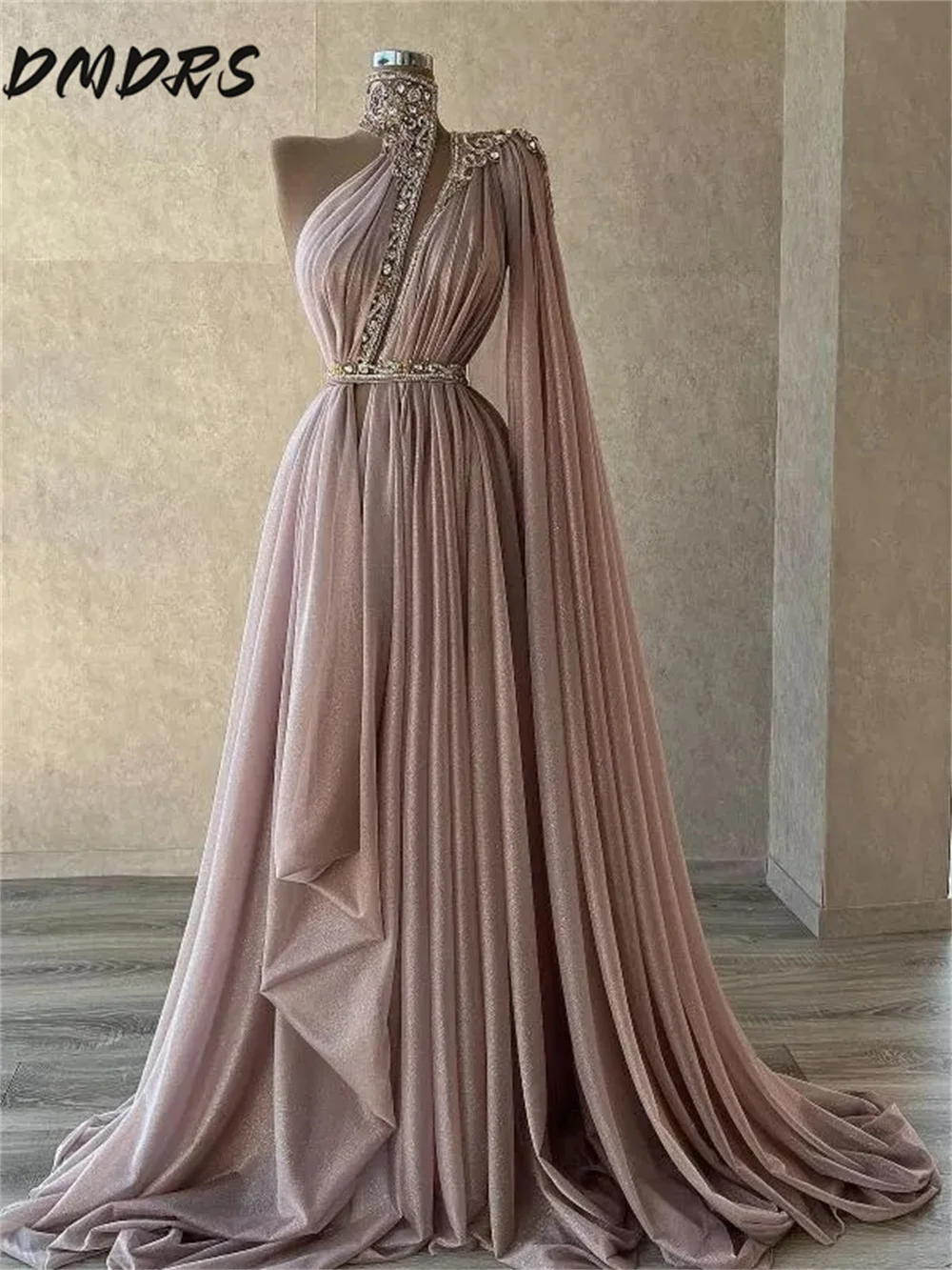 Stylish One Shoulder Sleeve Evening Gown Sparkling Beaded Party Dress Classic Satin Long Sleeve Floor Length Gown Customized Ves