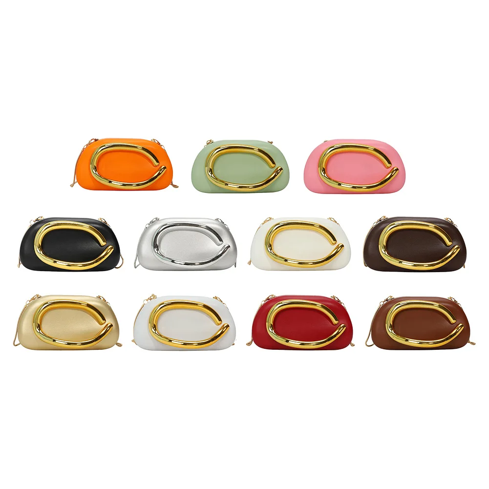 Damen-Handtasche aus PU-Leder mit Metallgriff und abnehmbarem Riemen, Umhängetasche, handgehaltene Schulter-Clutch für Abendessen