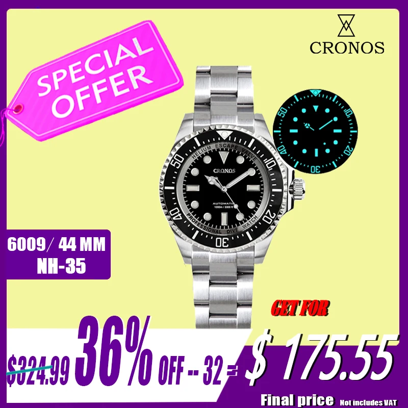 

Cronos Automatic Diving Watch Stainless Steel 2000 Meters Water Resistance Professional Diver L6009M